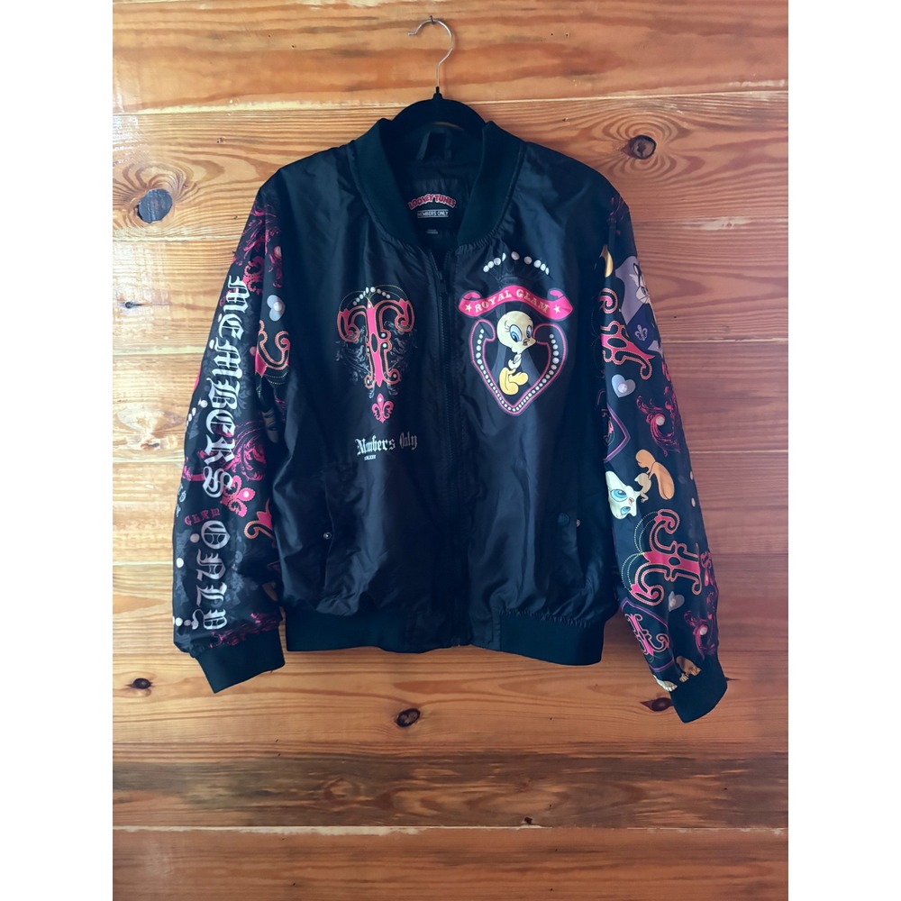 Members Only Looney Tunes Tweety Bird Bomber Jacket Black Pink Size Women's 2X